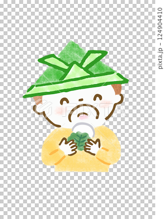 Hand-drawn illustration of a boy wearing a paper helmet and eating kashiwamochi 124904410