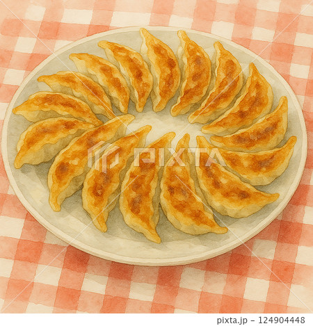 焼き餃子を円形に盛り付けたイラスト・たっぷり20個・水彩風（赤いテーブルクロス） 124904448