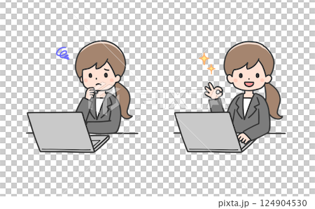 A set of women in suits thinking and solving problems at a computer 124904530