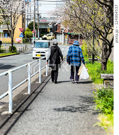 スーパーマーケットの袋を持って桜並木を歩く高齢女性2人 124904537