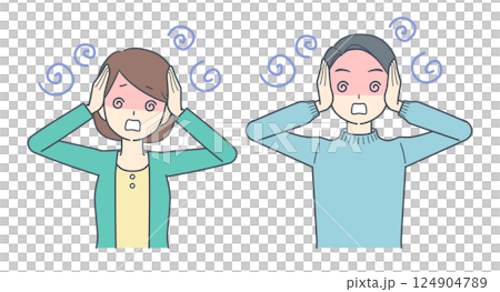 Confused man and woman holding their heads 124904789