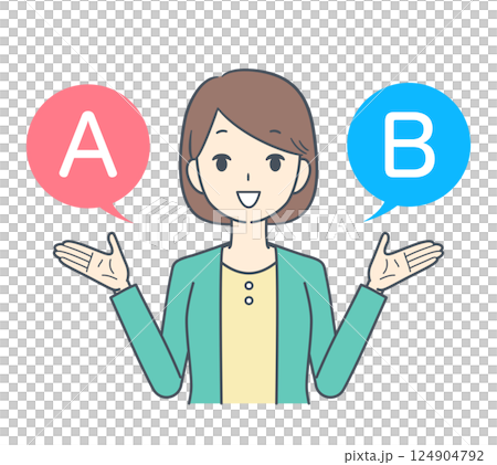 A woman choosing between options A and B, smiling 124904792