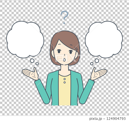 A woman thinking with a question mark A woman thinking with a question mark 124904793