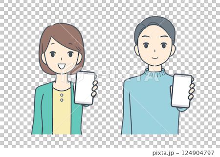 一名男子和一名女子拿出他們的智慧型手機 一名男子和一名女子拿出他們的智慧型手機 124904797