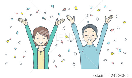 紙吹雪と共に喜ぶ男性と女性 2人 上半身 紙吹雪と共に喜ぶ男性と女性 2人 上半身 124904800