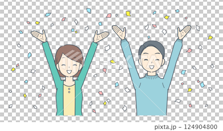 紙吹雪と共に喜ぶ男性と女性 2人 上半身 紙吹雪と共に喜ぶ男性と女性 2人 上半身 124904800