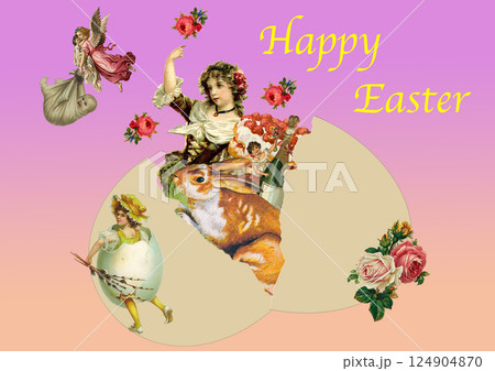 卵が割れて少女と動物達が飛び出しているイースターカード 124904870