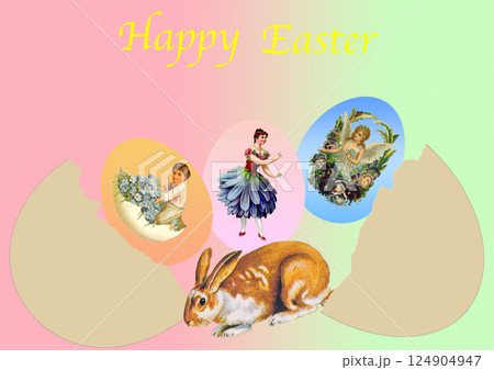 卵が割れてイースターエッグが飛び出しているイースターカード 卵が割れてイースターエッグが飛び出しているイースターカード 124904947