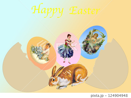 卵が割れてイースターエッグが飛び出しているイースターカード 124904948