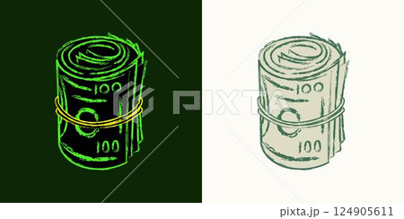 Standing upright rolled up 100 dollar bills. Cash money. Outline contour icon. Single isolated object. Grunge style. Neon fluorescent green color. Standing upright rolled up 100 dollar bills. Cash money. Outline contour icon. Single isolated object. Grunge style. Neon fluorescent green color. 124905611