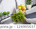 Woman hands washing a fresh lettuce to prepare a fresh salad 124905637