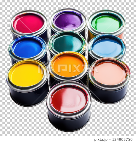 A set of colorful paint cans, yellow, red, green, and blue, isolated for art design transparent background 124905750
