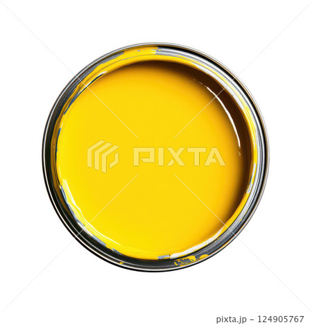 Shiny yellow and orange metallic paint cans, round 3D vector icons transparent background 124905767