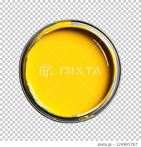 Shiny yellow and orange metallic paint cans, round 3D vector icons transparent background 124905767