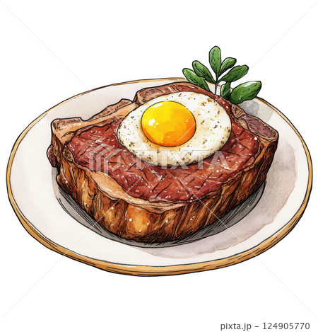 Fried eggs with bacon and cheese on a white plate, a classic breakfast meat dish transparent background 124905770