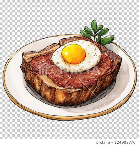 Fried eggs with bacon and cheese on a white plate, a classic breakfast meat dish transparent background 124905770