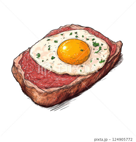 Crispy fried bacon and eggs on a plate with toast, a classic breakfast meal transparent background 124905772