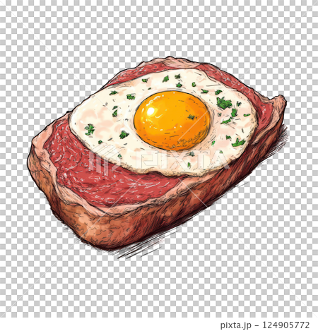 Crispy fried bacon and eggs on a plate with toast, a classic breakfast meal transparent background 124905772