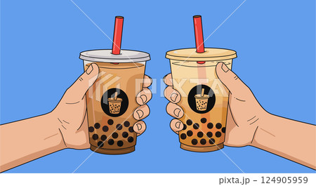Hands holding bubble tea cups with tapioca pearls for cheers against blue background 124905959