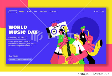 Flat Vector Social Media Landing Page Template Celebrating World Music Day in Cartoon Style Flat Vector Social Media Landing Page Template Celebrating World Music Day in Cartoon Style 124905997