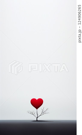 A single tree in a vast, empty landscape, shaped like a heart, symbolizing love, growth, and loneliness. The minimalistic composition enhances the emotional depth, evoking feelings of solitude 124906265