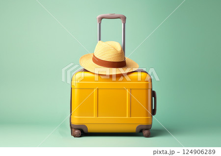 A vibrant yellow suitcase paired with a stylish hat, set against a fresh green background. perfect for promoting vacations, business trips, or journeys 124906289