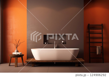 A luxurious bathroom featuring soft pastel beige tones and terracotta accents. The elegant tub is surrounded by neatly arranged towels on stylish shelves 124906292