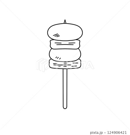 A skewer with a piece of meat on top and a piece of meat on the bottom 124906421