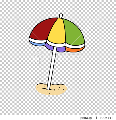 A colorful umbrella is sitting on the sand A colorful umbrella is sitting on the sand 124906441