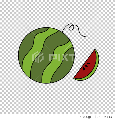 A cartoon drawing of a watermelon with a slice missing 124906443