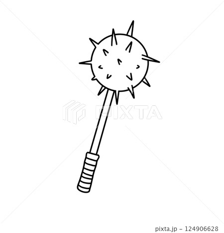 A black and white drawing of a weapon with spikes A black and white drawing of a weapon with spikes 124906628