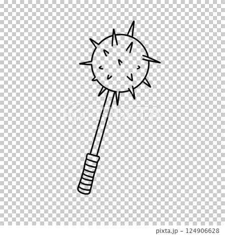 A black and white drawing of a weapon with spikes A black and white drawing of a weapon with spikes 124906628