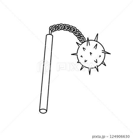 A black and white drawing of a spiked weapon with a chain A black and white drawing of a spiked weapon with a chain 124906630