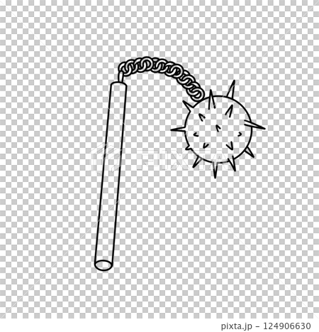 A black and white drawing of a spiked weapon with a chain A black and white drawing of a spiked weapon with a chain 124906630