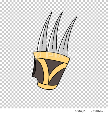 A cartoonish drawing of a three pronged claw with a gold and brown band 124906670