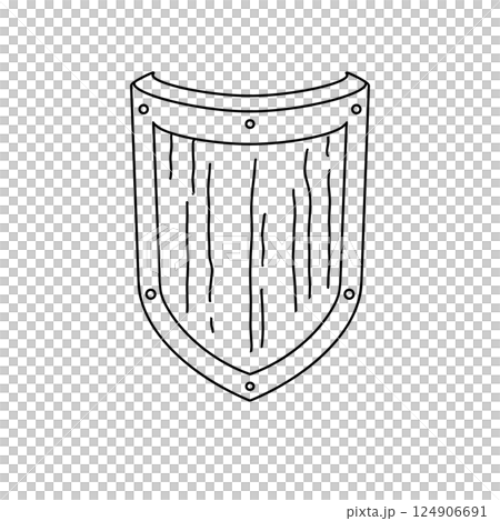 A shield made of wood with a metal plate on the front A shield made of wood with a metal plate on the front 124906691