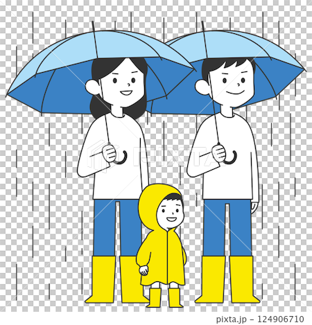 雨の中で傘をさしている幼児のいる家族3人 124906710