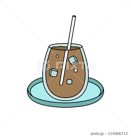 A cartoon drawing of a glass of iced coffee with a straw in it 124906713