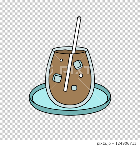 A cartoon drawing of a glass of iced coffee with a straw in it 124906713