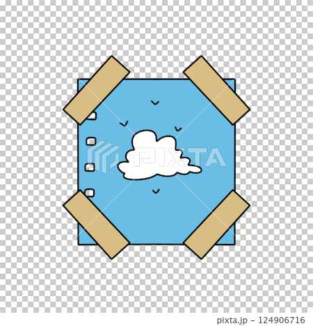 A blue and white drawing of a cloud with a piece of tape on it 124906716