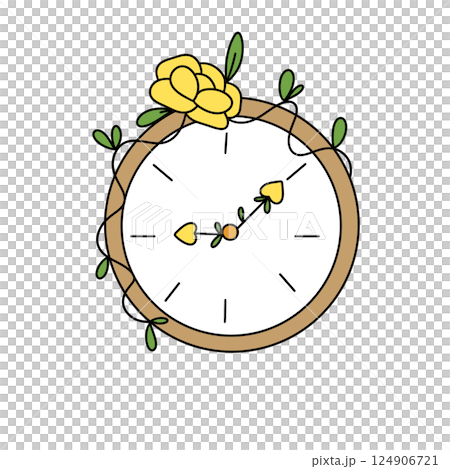 A yellow flower with a stem and leaves is on a clock 124906721
