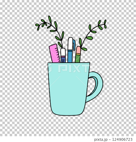 A blue mug with pens, pencils, and a ruler inside 124906723
