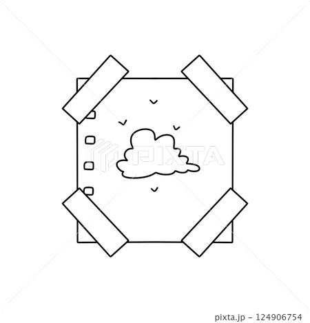 A white and black drawing of a cloud with a piece of tape on the top left corner A white and black drawing of a cloud with a piece of tape on the top left corner 124906754