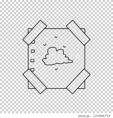 A white and black drawing of a cloud with a piece of tape on the top left corner 124906754