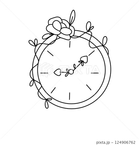 A flowery clock with a rose and leaves on it 124906762