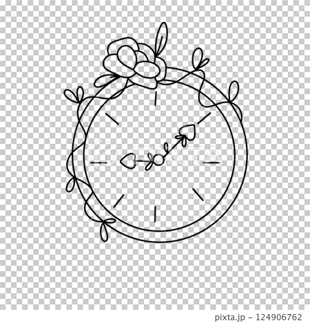 A flowery clock with a rose and leaves on it A flowery clock with a rose and leaves on it 124906762