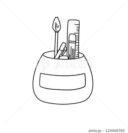 A white bowl with a black label that says "Pencil holder" and a black ruler A white bowl with a black label that says "Pencil holder" and a black ruler 124906765