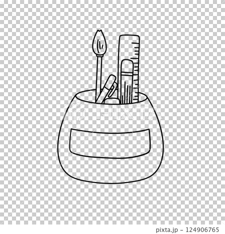A white bowl with a black label that says "Pencil holder" and a black ruler A white bowl with a black label that says "Pencil holder" and a black ruler 124906765
