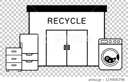 Recycle shop for home appliances etc. Monochrome illustration Recycle shop for home appliances etc. Monochrome illustration 124906796