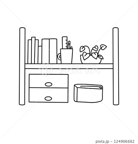 A shelf with a vase and a book on it 124906882
